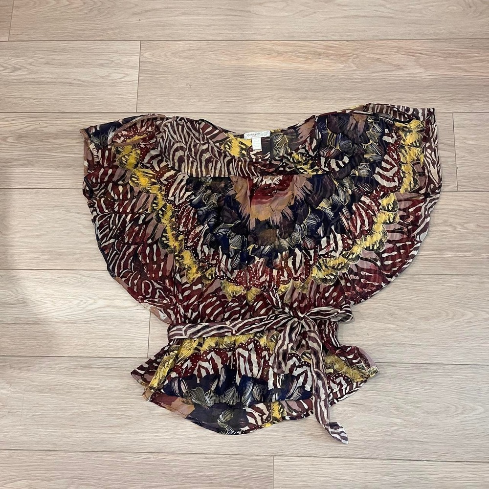 Y2K Sheer Butterfly Print Ruffle Blouse 100% Silk Women S Fairy Whimsygoth 2000s